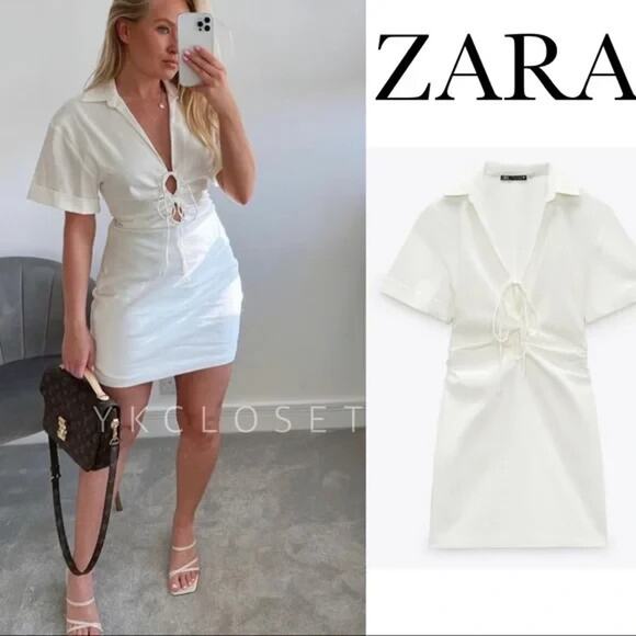 Zara Cream Tie Front Mini Dress XS NWT Short Sleeve Collared Ruched Waist - Picture 14 of 14